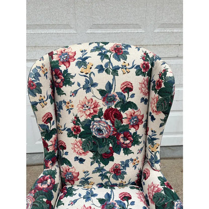 Vintage Bright Floral Queen Anne Wingback Arm Chair