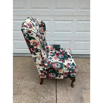 Vintage Bright Floral Queen Anne Wingback Arm Chair