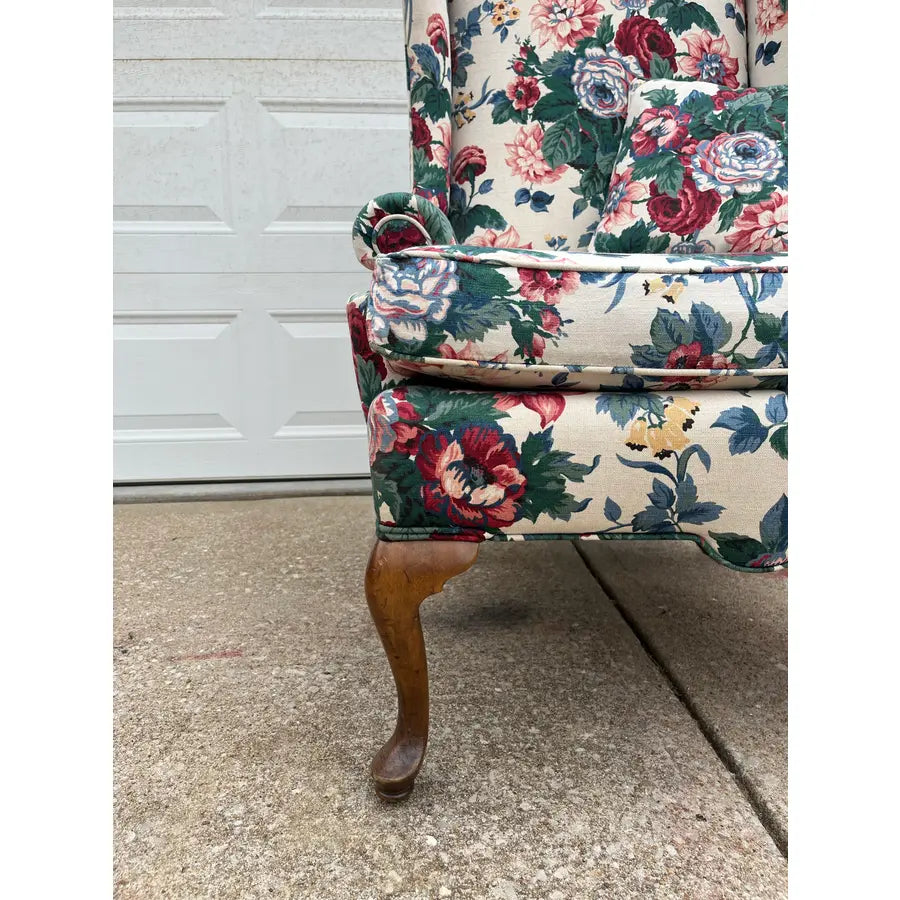 Vintage Bright Floral Queen Anne Wingback Arm Chair