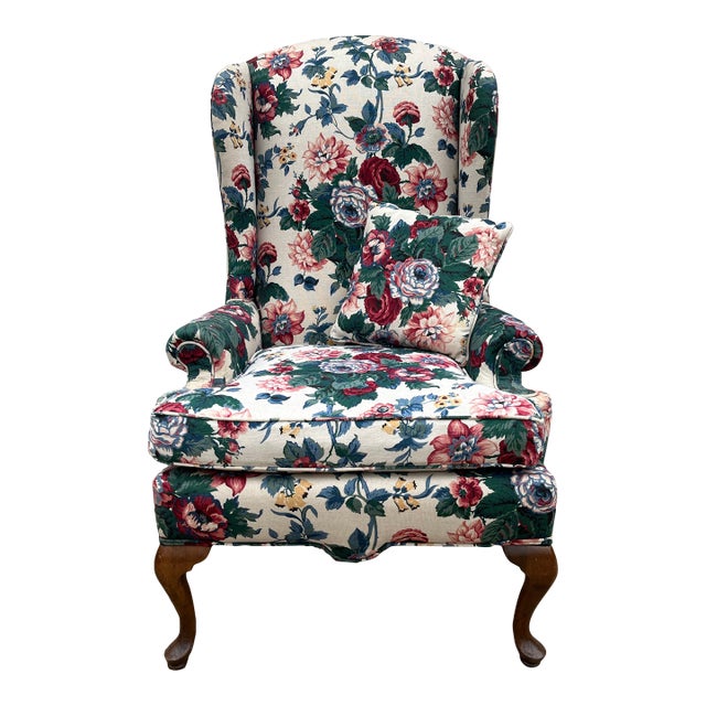Vintage Bright Floral Queen Anne Wingback Arm Chair