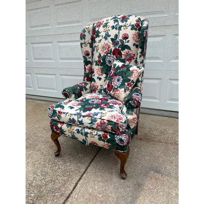 Vintage Bright Floral Queen Anne Wingback Arm Chair