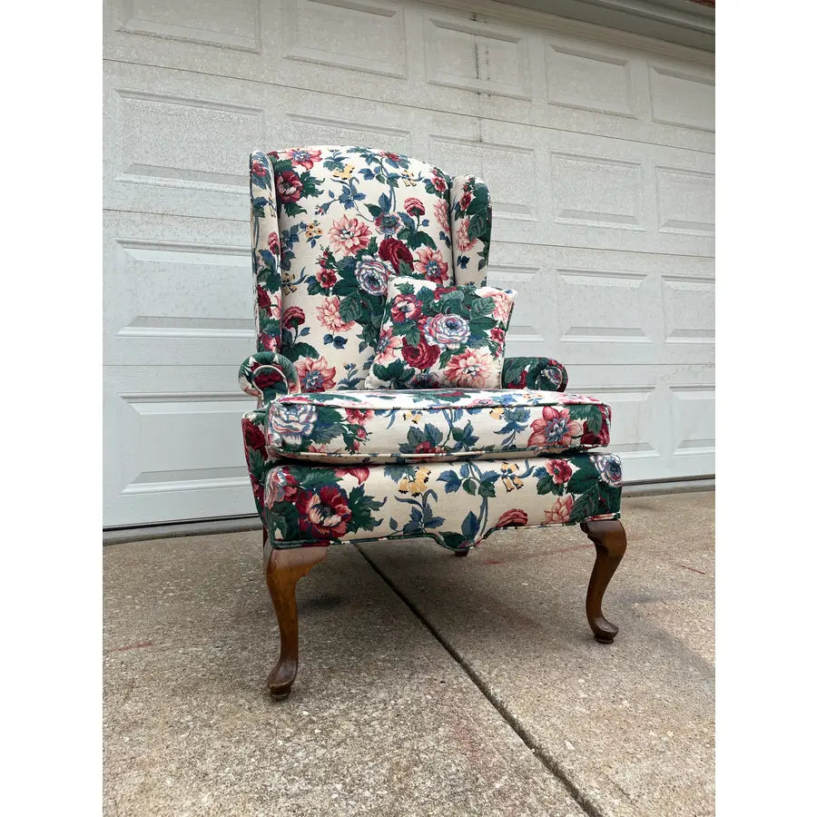 Vintage Bright Floral Queen Anne Wingback Arm Chair