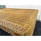 Vintage Coastal Woven Rattan Rectangular Coffee Table With Glass Top