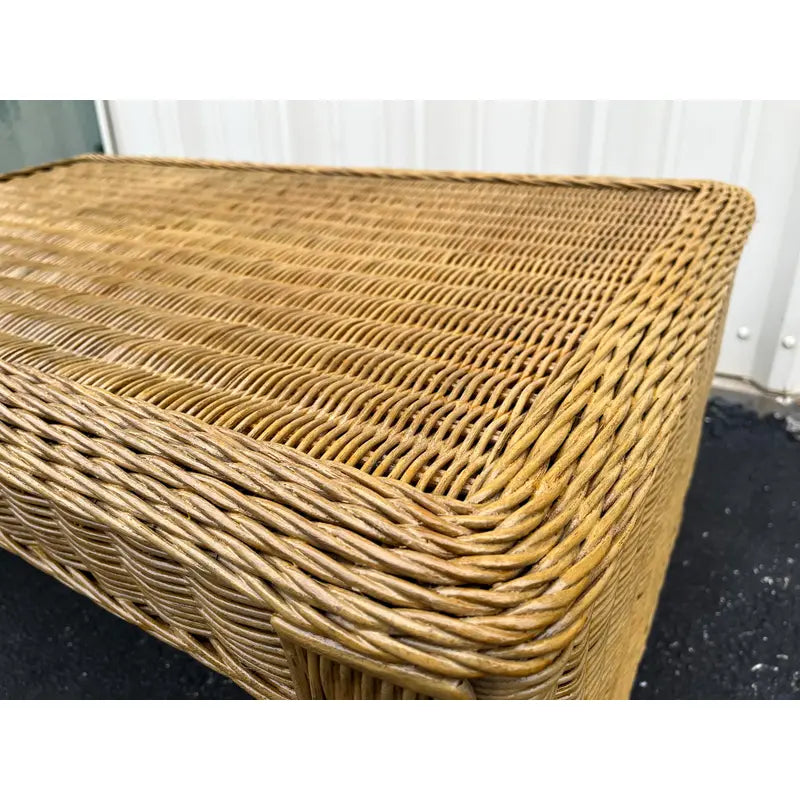 Vintage Coastal Woven Rattan Rectangular Coffee Table With Glass Top
