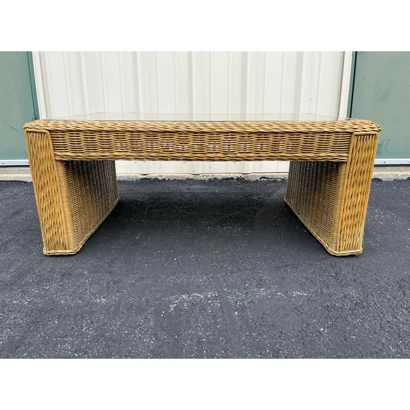Vintage Coastal Woven Rattan Rectangular Coffee Table With Glass Top