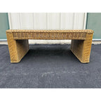 Vintage Coastal Woven Rattan Rectangular Coffee Table With Glass Top