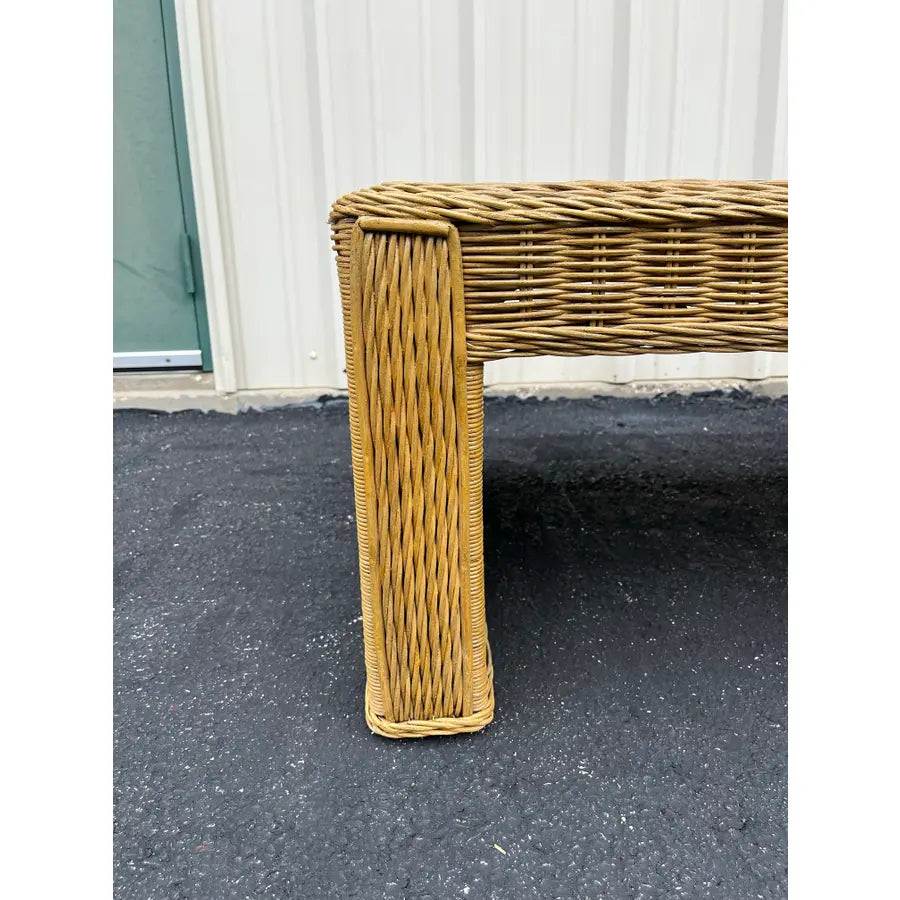 Vintage Coastal Woven Rattan Rectangular Coffee Table With Glass Top