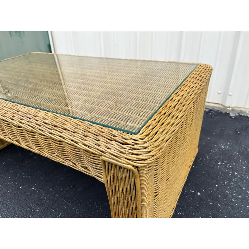 Vintage Coastal Woven Rattan Rectangular Coffee Table With Glass Top