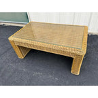 Vintage Coastal Woven Rattan Rectangular Coffee Table With Glass Top