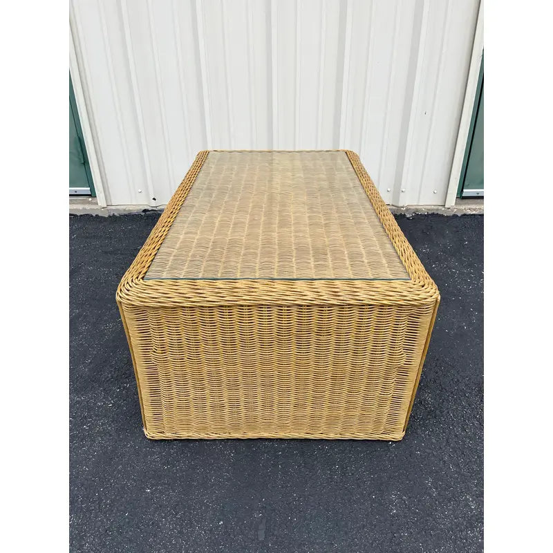 Vintage Coastal Woven Rattan Rectangular Coffee Table With Glass Top