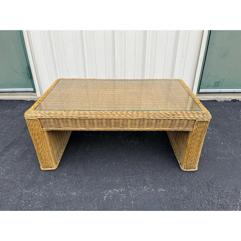 Vintage Coastal Woven Rattan Rectangular Coffee Table With Glass Top