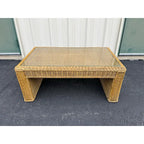 Vintage Coastal Woven Rattan Rectangular Coffee Table With Glass Top