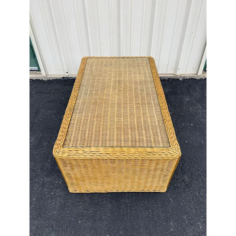 Vintage Coastal Woven Rattan Rectangular Coffee Table With Glass Top
