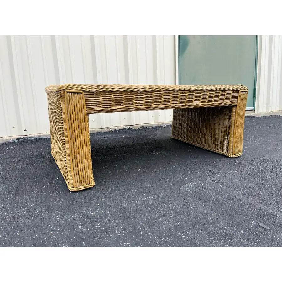 Vintage Coastal Woven Rattan Rectangular Coffee Table With Glass Top