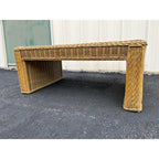 Vintage Coastal Woven Rattan Rectangular Coffee Table With Glass Top