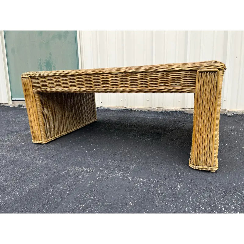 Vintage Coastal Woven Rattan Rectangular Coffee Table With Glass Top
