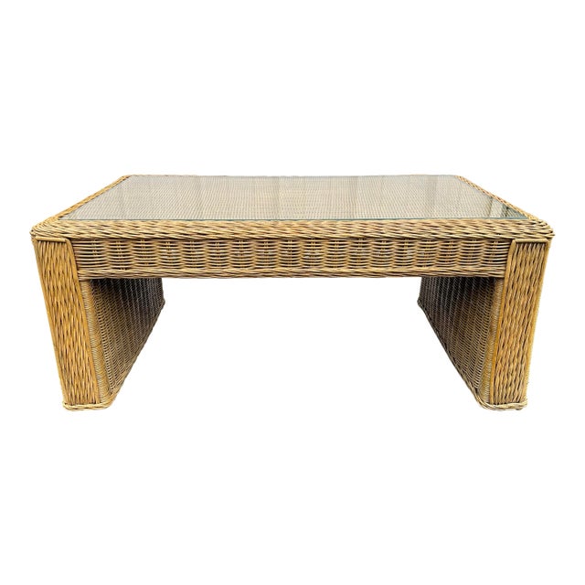 Vintage Coastal Woven Rattan Rectangular Coffee Table With Glass Top