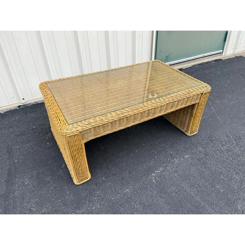Vintage Coastal Woven Rattan Rectangular Coffee Table With Glass Top