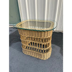 Vintage Coastal Woven Rattan Side Table Glass Top