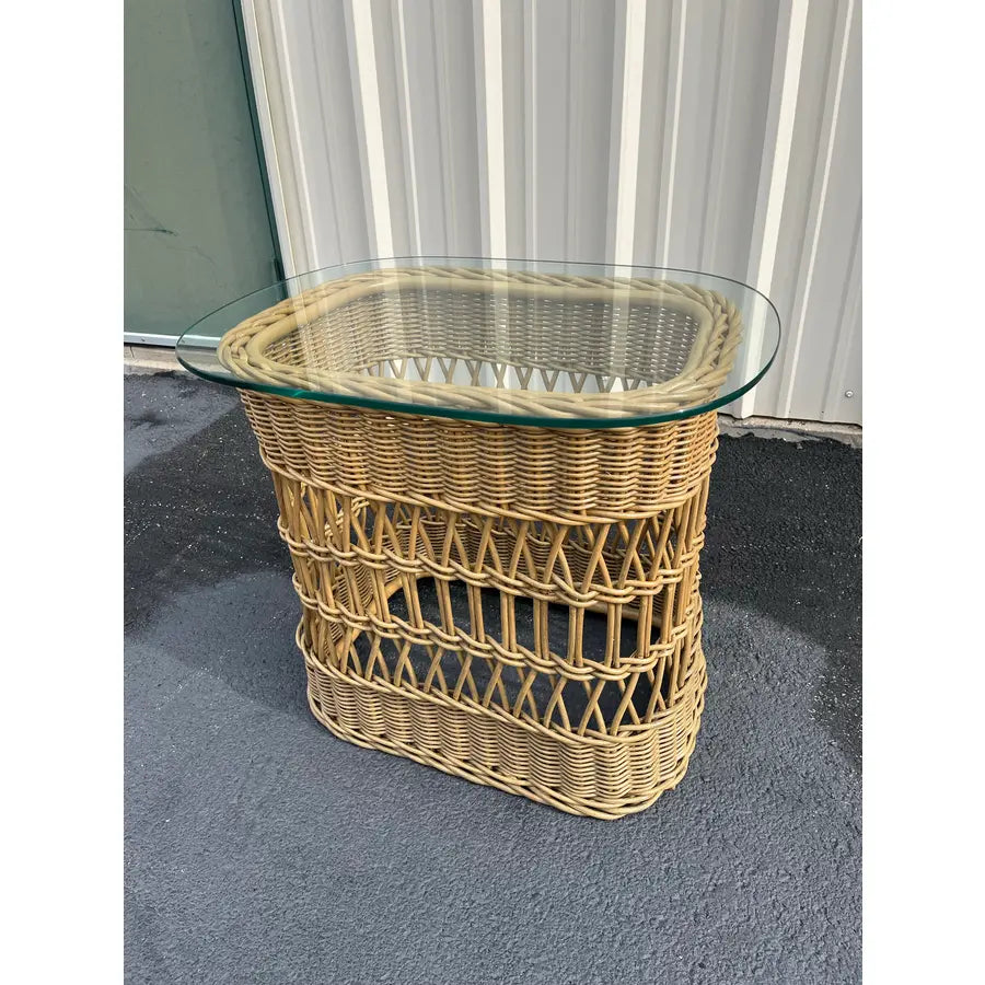 Vintage Coastal Woven Rattan Side Table Glass Top