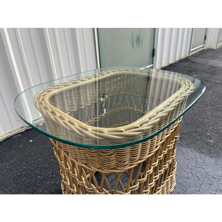 Vintage Coastal Woven Rattan Side Table Glass Top