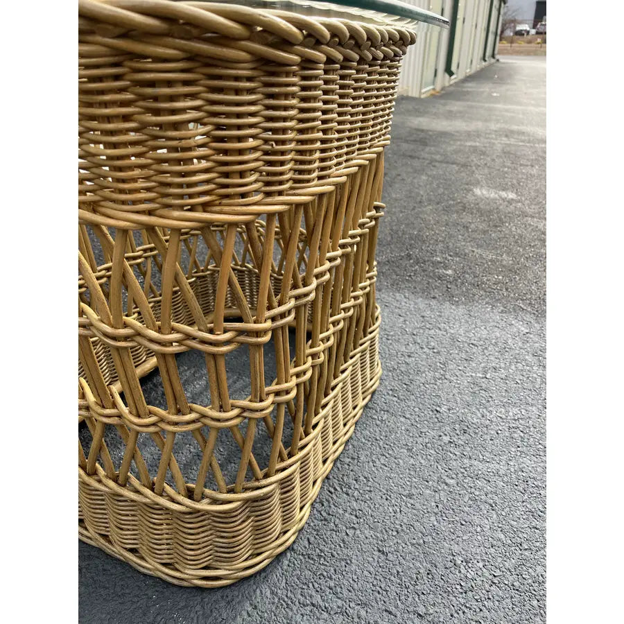 Vintage Coastal Woven Rattan Side Table Glass Top