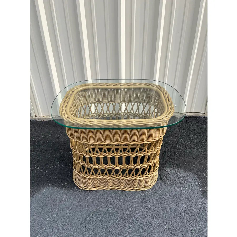 Vintage Coastal Woven Rattan Side Table Glass Top