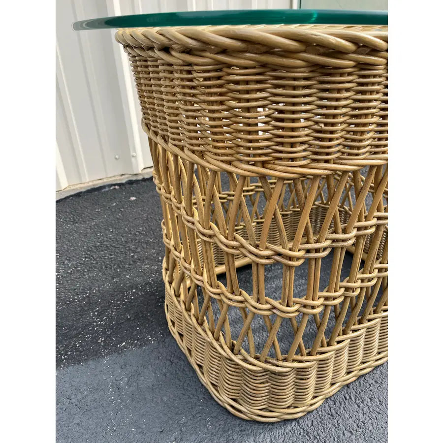 Vintage Coastal Woven Rattan Side Table Glass Top