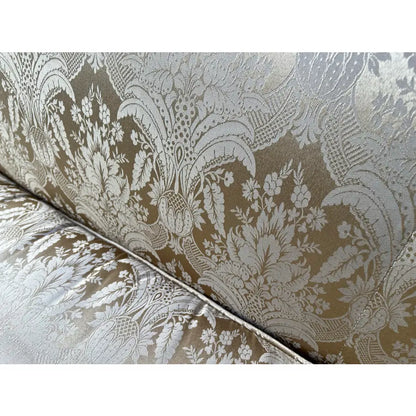 Vintage Down Filled Camelback Sofa- Reupholstered in Golden Cream Damask Silk