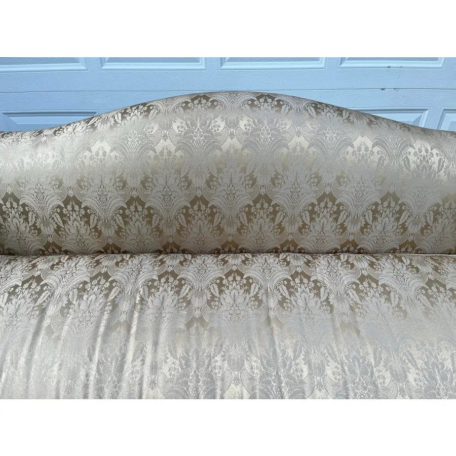 Vintage Down Filled Camelback Sofa- Reupholstered in Golden Cream Damask Silk