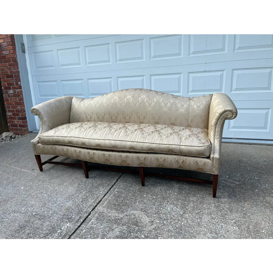 Vintage Down Filled Camelback Sofa- Reupholstered in Golden Cream Damask Silk