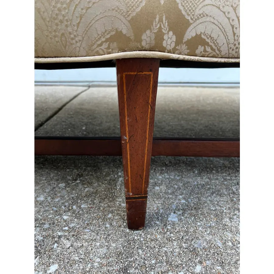 Vintage Down Filled Camelback Sofa- Reupholstered in Golden Cream Damask Silk