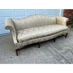 Vintage Down Filled Camelback Sofa- Reupholstered in Golden Cream Damask Silk