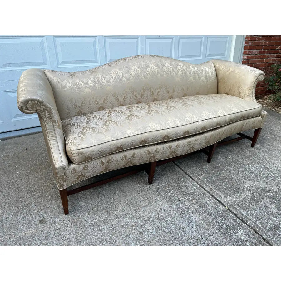 Vintage Down Filled Camelback Sofa- Reupholstered in Golden Cream Damask Silk