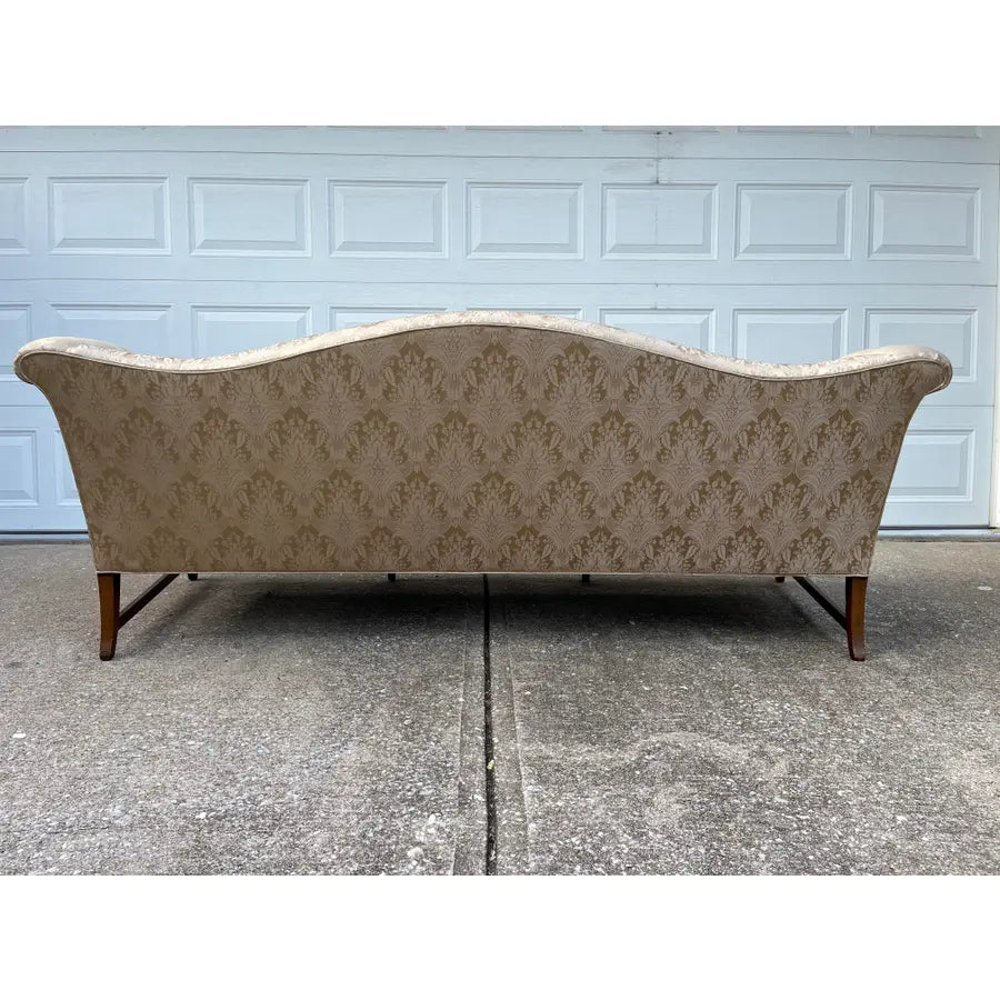Vintage Down Filled Camelback Sofa- Reupholstered in Golden Cream Damask Silk