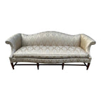 Vintage Down Filled Camelback Sofa- Reupholstered in Golden Cream Damask Silk