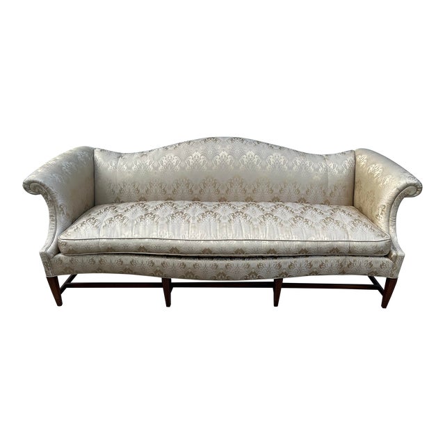 Vintage Down Filled Camelback Sofa- Reupholstered in Golden Cream Damask Silk
