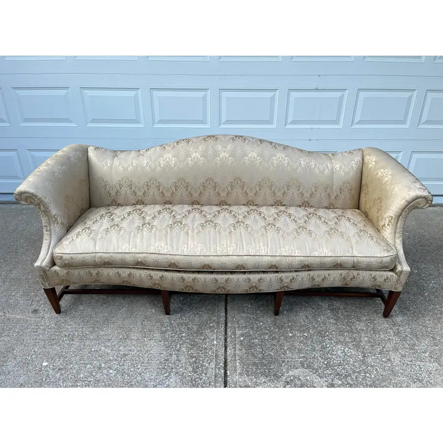 Vintage Down Filled Camelback Sofa- Reupholstered in Golden Cream Damask Silk