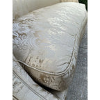 Vintage Down Filled Camelback Sofa- Reupholstered in Golden Cream Damask Silk