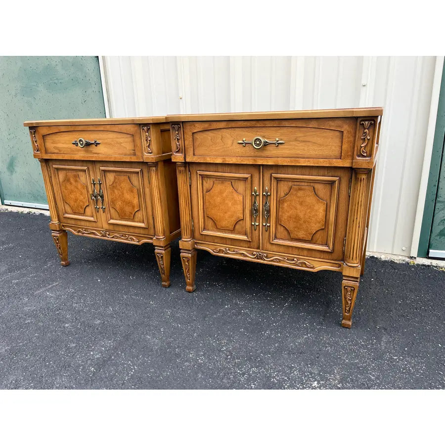 Vintage Neoclassical Fruitwood and Burl Nightstands- A Pair