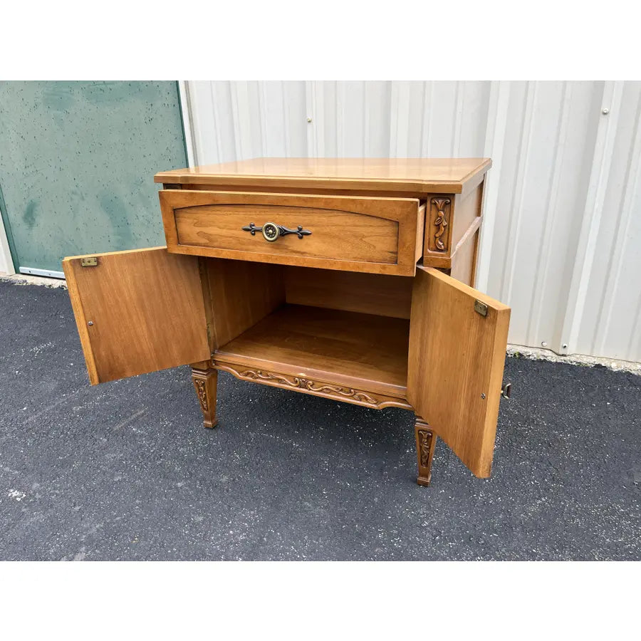 Vintage Neoclassical Fruitwood and Burl Nightstands- A Pair