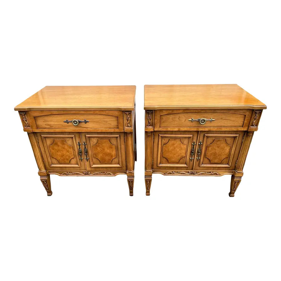 Vintage Neoclassical Fruitwood and Burl Nightstands- A Pair