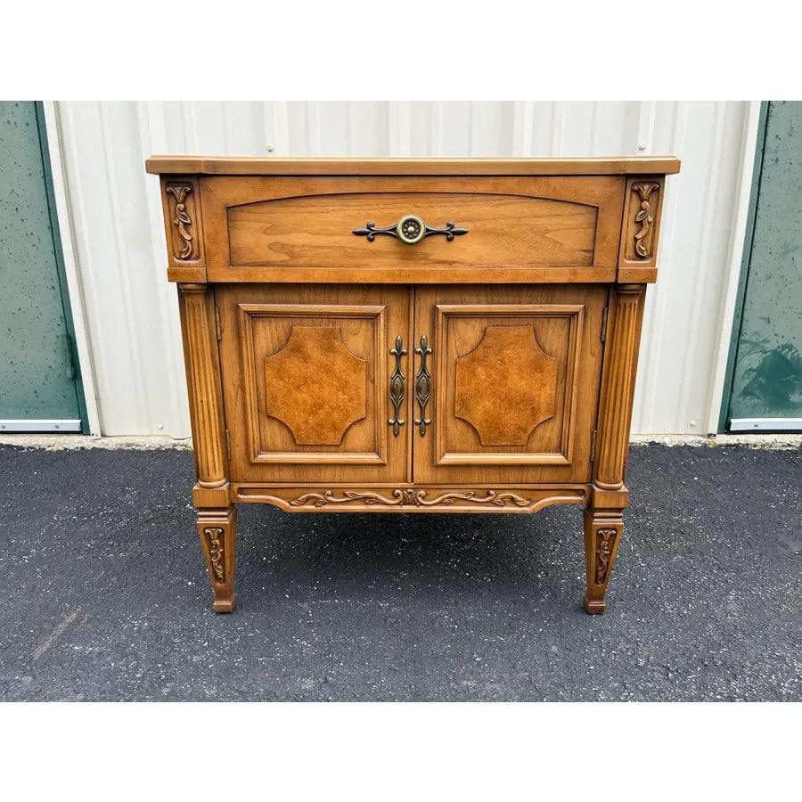 Vintage Neoclassical Fruitwood and Burl Nightstands- A Pair