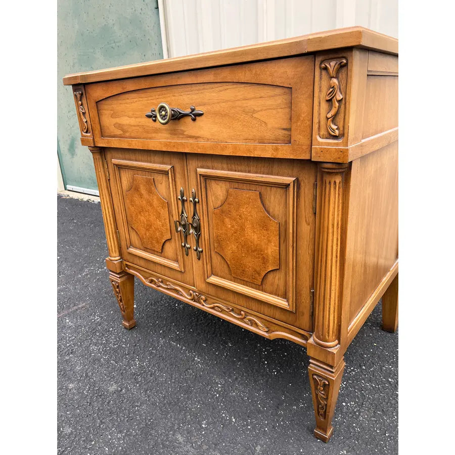 Vintage Neoclassical Fruitwood and Burl Nightstands- A Pair