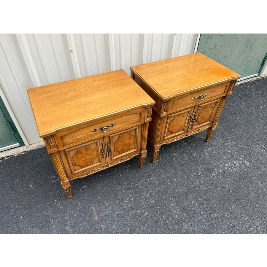 Vintage Neoclassical Fruitwood and Burl Nightstands- A Pair