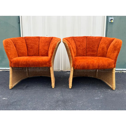 Vintage Sculptural Rattan Barrel Chairs in Original Orange Chenille- A Pair