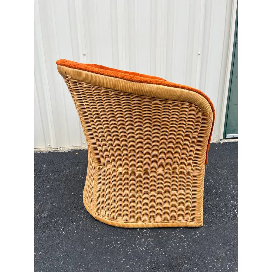 Vintage Sculptural Rattan Barrel Chairs in Original Orange Chenille- A Pair