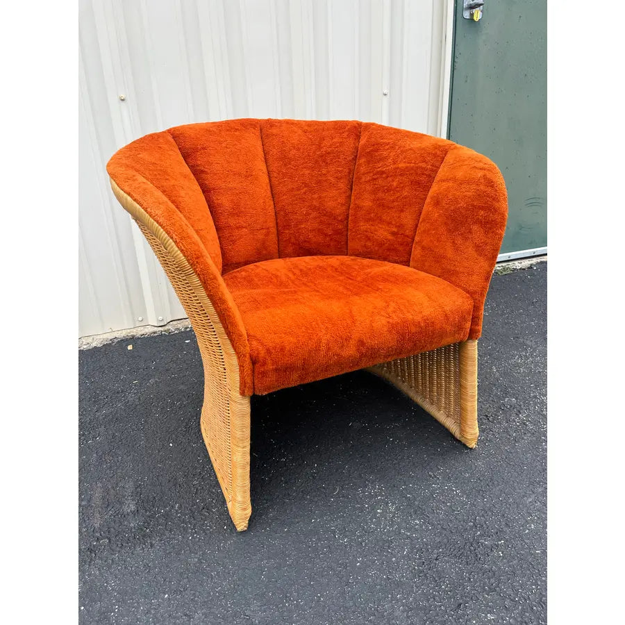 Vintage Sculptural Rattan Barrel Chairs in Original Orange Chenille- A Pair
