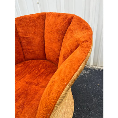 Vintage Sculptural Rattan Barrel Chairs in Original Orange Chenille- A Pair