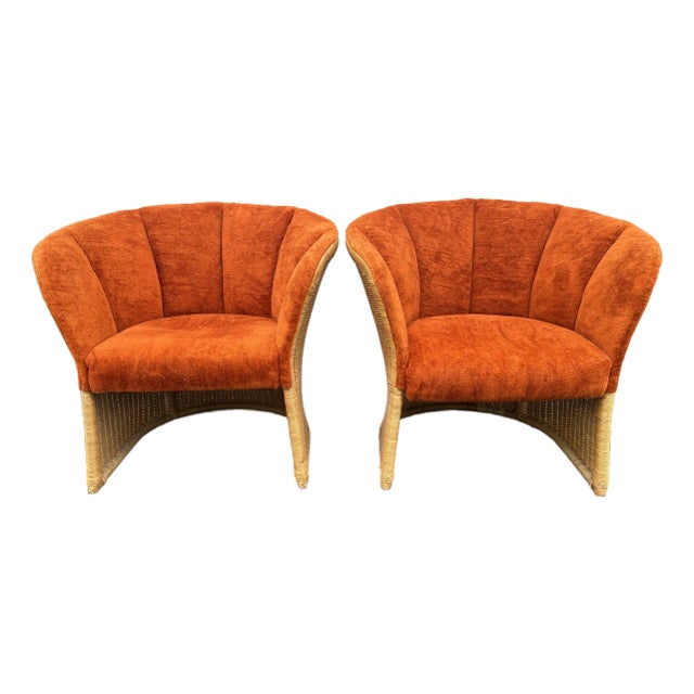 Vintage Sculptural Rattan Barrel Chairs in Original Orange Chenille- A Pair